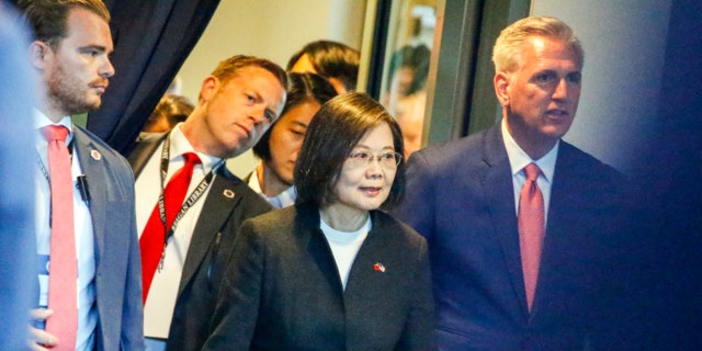 House Speaker Kevin McCarthy, R-Calif., right, and Taiwanese President Tsai Ing-wen, second from right, arrive at a bipartisan leadership meeting at the Ronald Reagan Presidential Library in Simi Valley, California, on April 5, 2023.