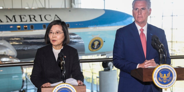 House Speaker Kevin McCarthy, R-Calif., right, and Taiwanese President Tsai Ing-wen deliver statements to the press after a bipartisan leadership meeting at the Ronald Reagan Presidential Library in Simi Valley, California, Wednesday, April 5, 2023.