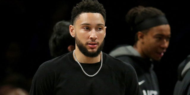 Nets guard Ben Simmons during a time-out in the Atlanta Hawks game at Barclays Center in Brooklyn on March 31, 2023.