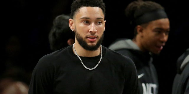 Nets guard Ben Simmons during a time-out in the Atlanta Hawks game at Barclays Center in Brooklyn on March 31, 2023.