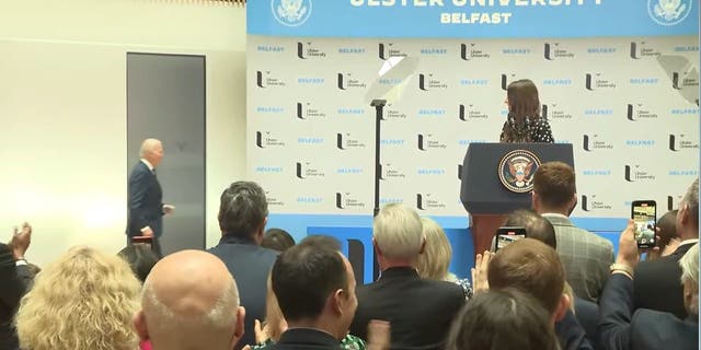President Joe Biden comes to the stage during an event at Ulster University in Northern Ireland on April 12, 2023.