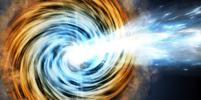 Black hole-powered galaxies called blazars are the most common sources detected by NASA's Fermi Gamma-ray Space Telescope. As matter falls toward the supermassive black hole at the galaxy's center, some of it is accelerated outward at nearly the speed of light along jets pointed in opposite directions. When one of the jets happens to be aimed in the direction of Earth, as illustrated here, the galaxy appears especially bright and is classified as a blazar.