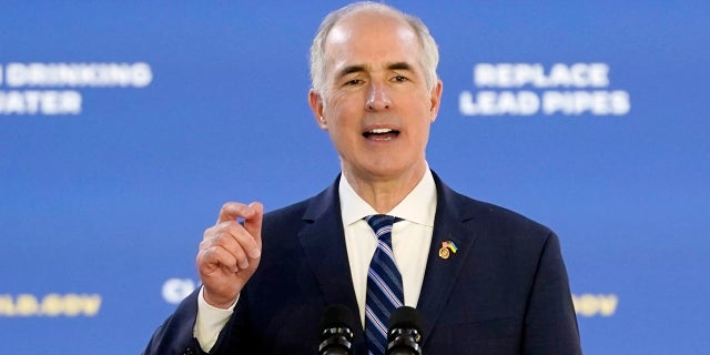 Sen. Bob Casey speaks before President Joe Biden on Feb. 3 about his infrastructure agenda while announcing funding to upgrade Philadelphia's water facilities and replace lead pipes.