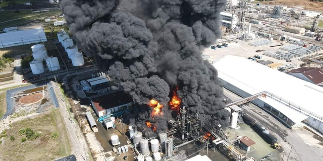 The Pivonaresin plantpla plant in Brunswick, Georgia engulfed in flames on Friday, April 15th. Photo captured via Mavic Air 2 drone camera.