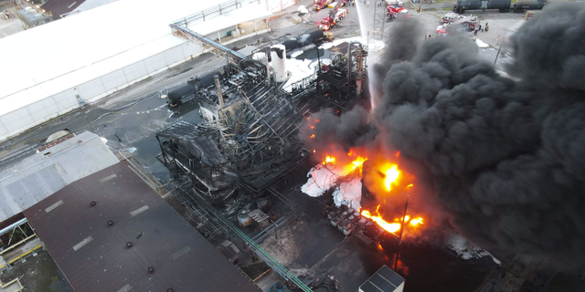 The Pivona plant in Brunswick, Georgia engulfed in flames on Friday, April 15th. Photo captured via Mavic Air 2 drone camera.