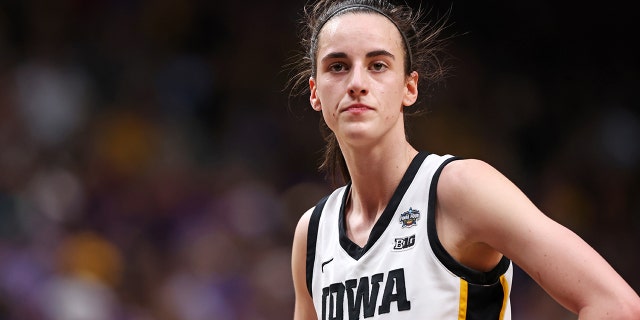 Caitlin Clark #22 of the Iowa Hawkeyes reacts during the first half against the LSU Lady Tigers during the 2023 NCAA Women's Basketball Tournament championship game at American Airlines Center on April 2, 2023 in Dallas, Texas.