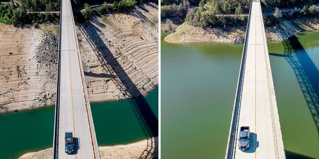 A car crosses Enterprise Bridge over Lake Oroville's dry banks on May 23, 2021, left, and the same location on March 26, 2023, in Butte County, California.