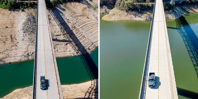 A car crosses Enterprise Bridge over Lake Oroville's dry banks on May 23, 2021, left, and the same location on March 26, 2023, in Butte County, California.