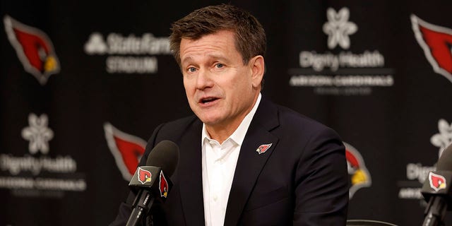 Owner Michael Bidwill of the Arizona Cardinals talks during a press conference introducing new head coach Jonathan Gannon at the Dignity Health Arizona Cardinals Training Center Feb. 16, 2023, in Tempe, Arizona. 