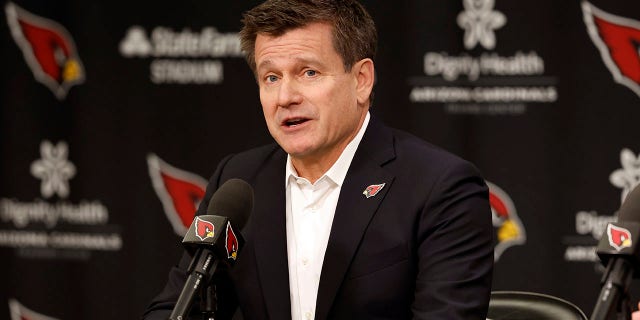 Owner Michael Bidwill of the Arizona Cardinals talks during a press conference introducing new head coach Jonathan Gannon at the Dignity Health Arizona Cardinals Training Center Feb. 16, 2023, in Tempe, Arizona. 