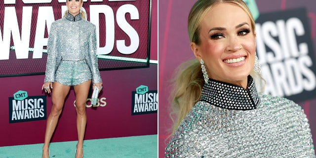 Carrie Underwood dazzled wearing a sparkling coat with shorts on the CMT Music Awards red carpet.