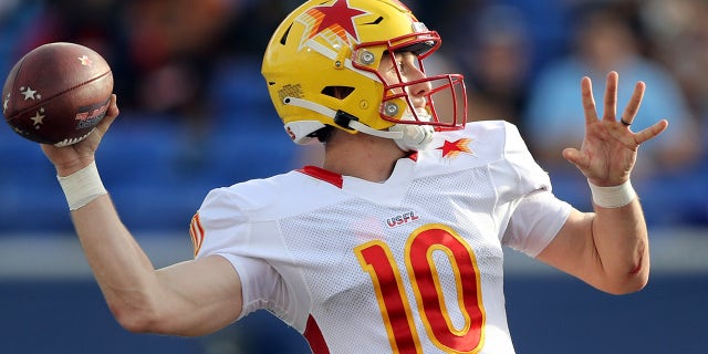 Case Cookus, #10 the Philadelphia Stars, passes during the game against the Memphis Showboats at Simmons Bank Liberty Stadium on April 15, 2023 in Memphis, Tennessee.