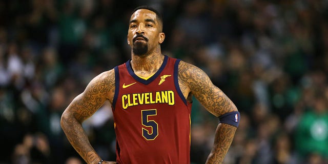JR Smith #5 of the Cleveland Cavaliers reacts to his teams deficit during the first quarter against the Boston Celtics  in Game One of the Eastern Conference Finals of the 2018 NBA Playoffs at TD Garden on May 13, 2018, in Boston, Massachusetts.  