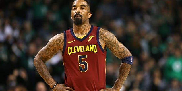 JR Smith #5 of the Cleveland Cavaliers reacts to his team's deficit during the first quarter against the Boston Celtics in Game One of the 2018 NBA Playoffs Eastern Conference Finals at TD Garden on May 13, 2018 in Boston, Mass.  