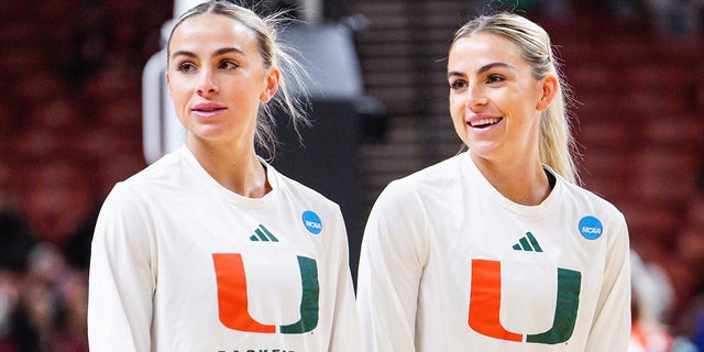 Haley Cavinder and Hanna Cavinder of the Miami Hurricanes during the 2023 NCAA Tournament held at Bon Secours Wellness Arena on March 24, 2023 in Greenville, SC
