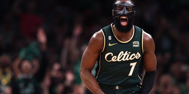 Jaylen Brown of the Boston Celtics celebrates after scoring against the Atlanta Hawks during the second quarter of Game 1 of a first-round playoff series against the Atlanta Hawks at TD Garden April 15, 2023, in Boston.