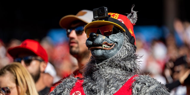 A Kansas City Chiefs fan known as the ChiefsAholic at the San Francisco 49ers game on October 23, 2022, at Levi's Stadium in Santa Clara, California.
