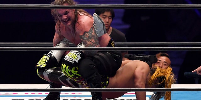 Chris Jericho and Hiroshi Tanahashi compete during the New Japan Pro-Wrestling Wrestle Kingdom 14 on Jan. 5, 2020 in Tokyo.