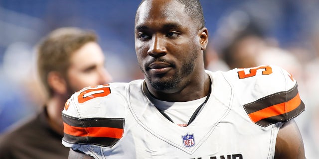 Cleveland Browns defensive end Chris Smith walks off of the field after the Lions game on Aug. 30, 2018, at Ford Field in Detroit.