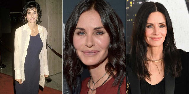 Three split of Courteney Cox through the years.