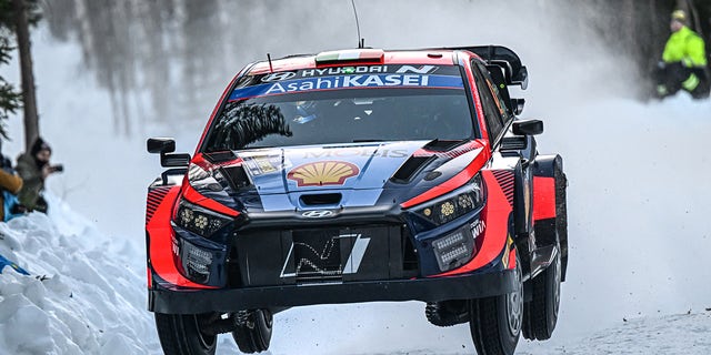 Craig Breen and James Fulton compete with their Hyundai Shell Mobis WRT Hyundai i20 N Rally1 Hybrid during the FIA World Rally Championship on Feb. 10, 2023, in Umea, Sweden.