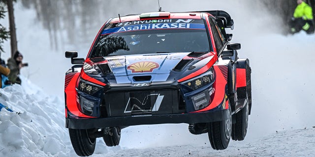 Craig Breen and James Fulton compete with their Hyundai Shell Mobis WRT Hyundai i20 N Rally1 Hybrid during the FIA World Rally Championship on Feb. 10, 2023, in Umea, Sweden.