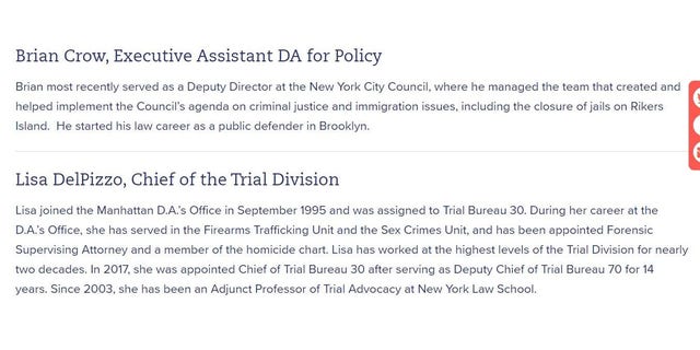 The 'Meet Our Team' portion of the Manhattan DA website as it appeared on Monday.