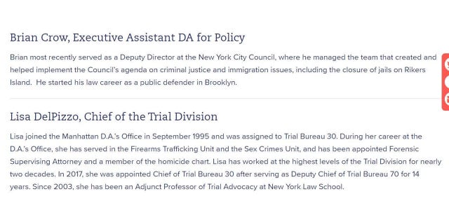 The 'Meet Our Team' portion of the Manhattan DA website as it appeared on Monday.