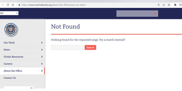 The "Meet our team" portion of the Manhattan DA website as it appears on Tuesday morning.