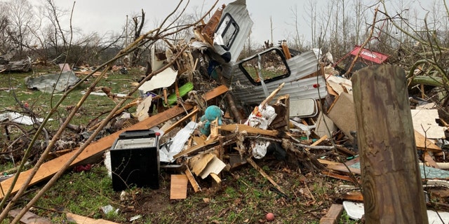 Devastation from a tornado that hit Glen Allen, Mo., in southeastern Missouri, killing several people and causing an unknown number of injuries, is pictured on Wednesday, April 5, 2023. 