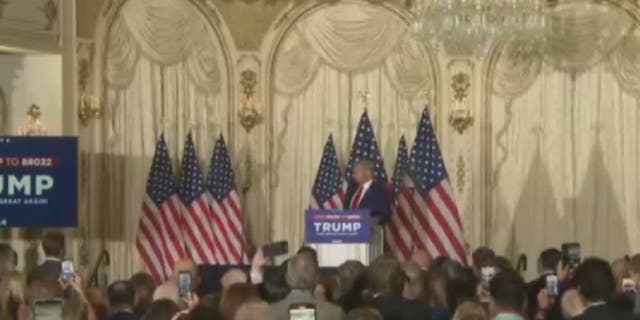 Donald Trump speaks to crowds at Mar-a-Lago after being indicted in New York City. 