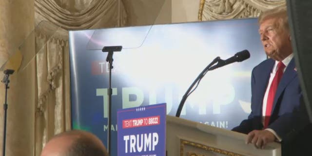 Donald Trump speaks to crowds at Mar-a-Lago after being indicted in New York City. 