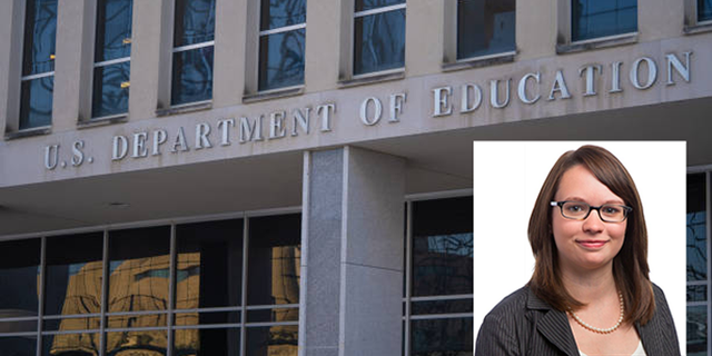 The U.S. Department of Education building in Washington, D.C., along with a photo of Clare McCann, who served as a senior policy adviser in the department and currently works at Arnold Ventures.
