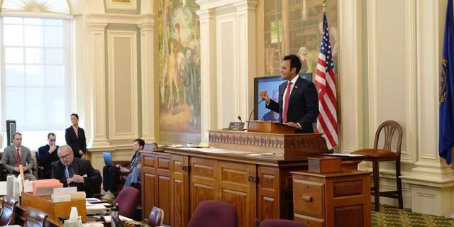 Republican presidential candidate and businessman Vivek Ramaswamy addressing the New Hampshire State Senate at the state house in Concord, New Hampshire on April 13, 2023.