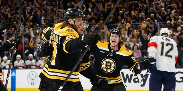 David Pastrnak #88 of the Boston Bruins celebrates after he scored against the Florida Panthers during the first period of Game One of the First Round of the 2023 Stanley Cup Playoffs at the TD Garden on April 17, 2023 in Boston, Massachusetts.