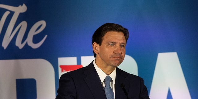 Florida Governor Ron DeSantis gives a political speech at the Cradle of Aviation Museum, April 1, 2023 in Garden City, New York. 