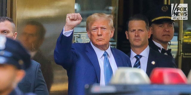 Donald Trump holding his fist up while facing the camera.