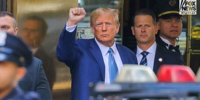 Donald Trump holding his fist up while facing the camera.