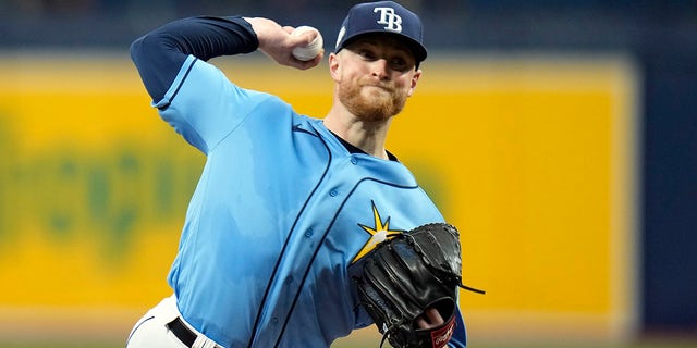 Tampa Bay Rays starting pitcher Drew Rasmussen pitches for the Oakland Athletics on Sunday, April 9, 2023 in St. Petersburg, Florida.