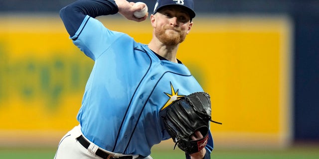 Tampa Bay Rays starting pitcher Drew Rasmussen pitches for the Oakland Athletics on Sunday, April 9, 2023 in St. Petersburg, Florida.