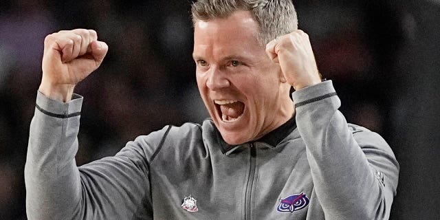 Florida Atlantic head coach Dusty May reacts during the first half of a Final Four game against San Diego State in the NCAA Tournament on Saturday, April 1, 2023, in Houston. 