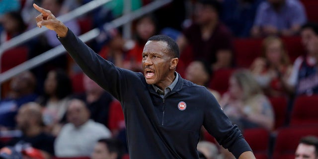 Detroit Pistons head coach Dwane Casey directs a play from the bench during the second half of the team's NBA basketball game against the Houston Rockets on Friday, March 31, 2023, in Houston.