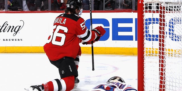 Eric Haula celebrates goal