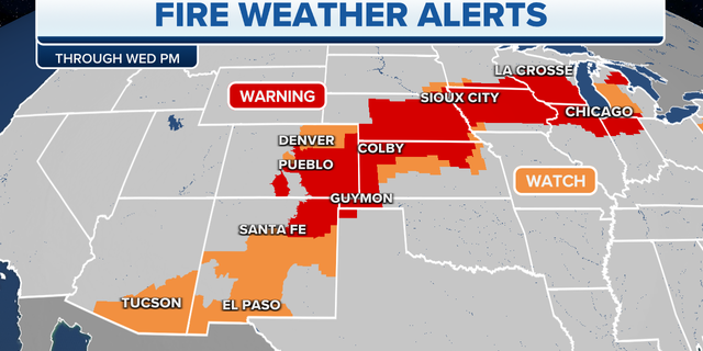 Fire weather alerts nationwide through Wednesday night