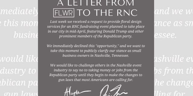 The Nashville FLWR boutique declined to service the RNC.