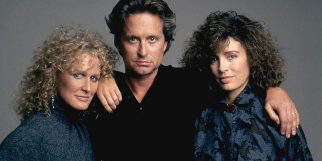 Michael Douglas, Glenn Close and Anne Archer on set of "Fatal Attraction."