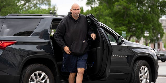 Sen. John Fetterman arrives at the U.S. Capitol on April 17, 2023. He is returning to the Senate following six weeks of treatment for clinical depression.