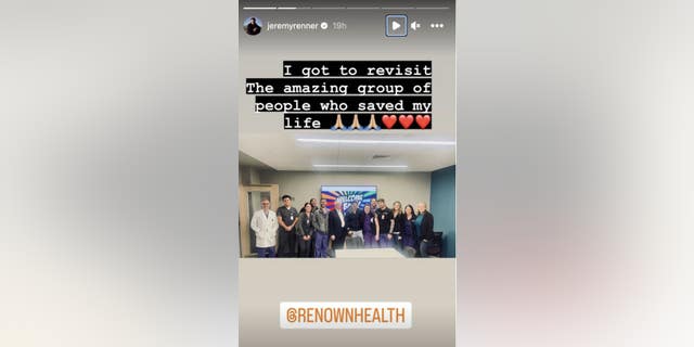 Renner shared photos in which he was seen spending time with staff members at the Renown Regional Medical Center in Reno, Nevada.