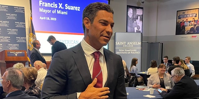 Republican Mayor Francis Suarez speaks at the New Hampshire Institute of Politics, on April 18, 2023.