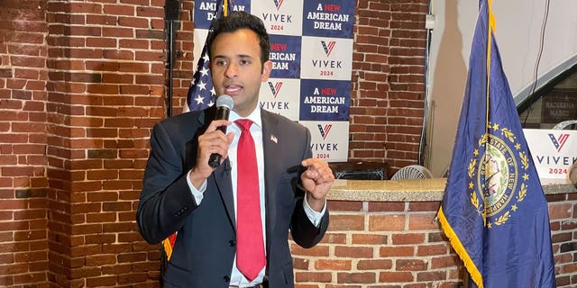 Republican presidential candidate and businessman Vivek Ramaswamy speaks to the Merrimack County Republicans at an event in Manchester, New Hampshire on April 13, 2023.